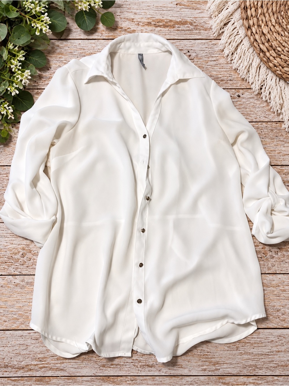 New York & Company Ivory Button-Down Shirt